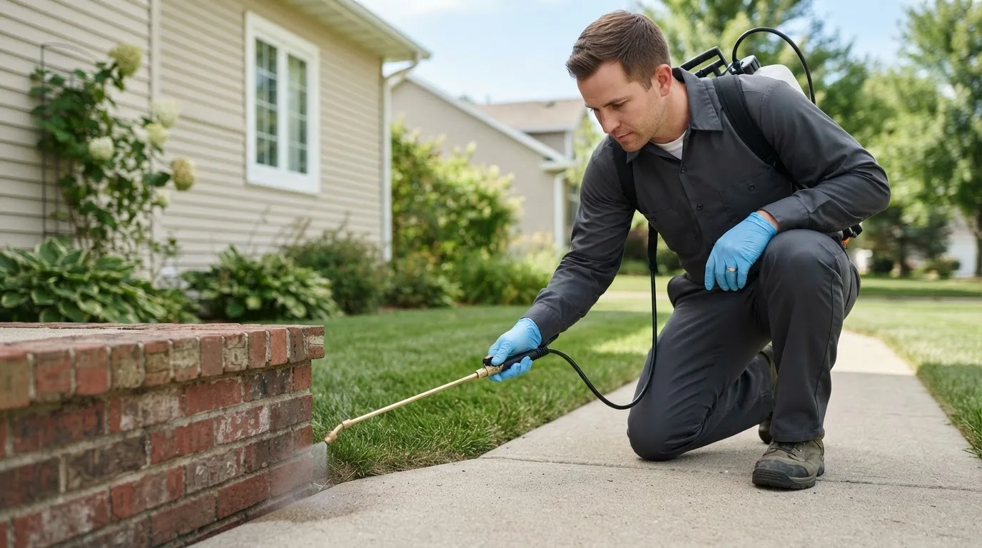Pest control technician treating a home near Farley, IA