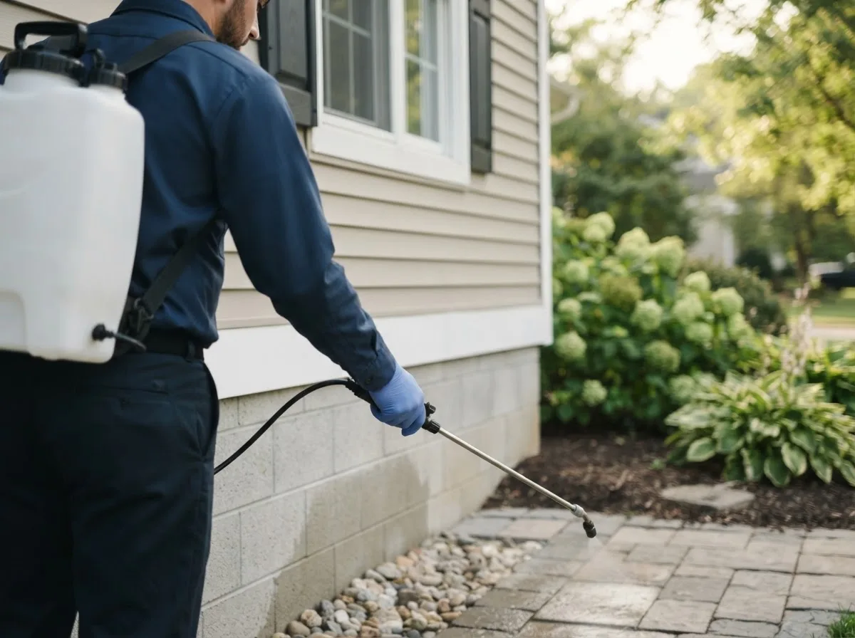 Pest control technician inspecting a home in Farley, IA